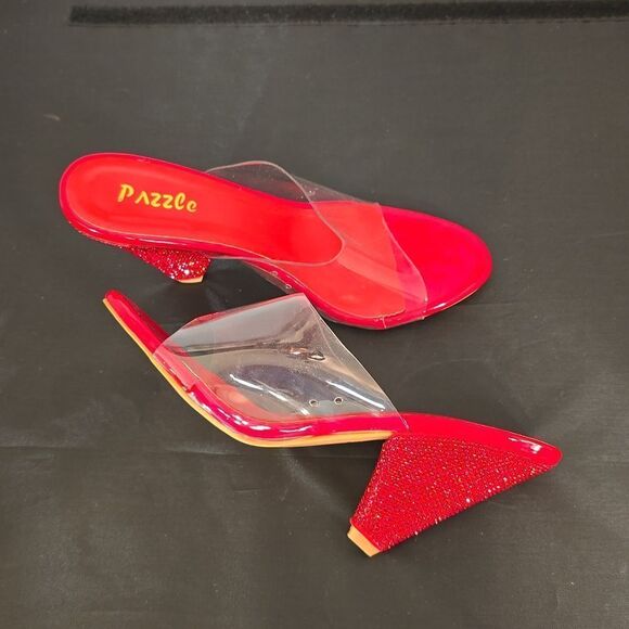 BRAND NEW PAZZLE RHINESTONE HEEL EMBROIDERED CLEAR OPEN-TOE STRAP SANDAL - Picture 7 of 13